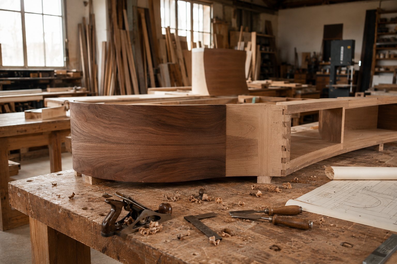 Design studios atelier with surface panels and worktable